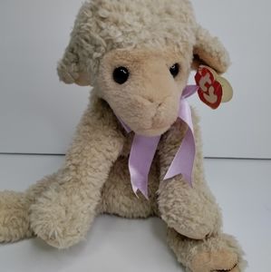 Ty 1997 LOVIE Tan Fuzzy 10in Lamb Plush purple Bow no hang tag  retired, EUC